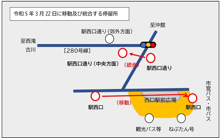 西口周辺停留所の変更画像